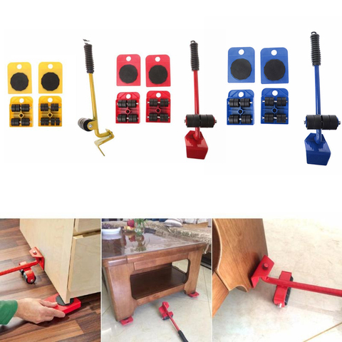 Furniture Mover Tool Set Furniture Transport Lifter Heavy Stuffs Moving Tool 4 Wheeled Mover Roller+1 Wheel Bar Hand Tools Set ► Photo 1/6