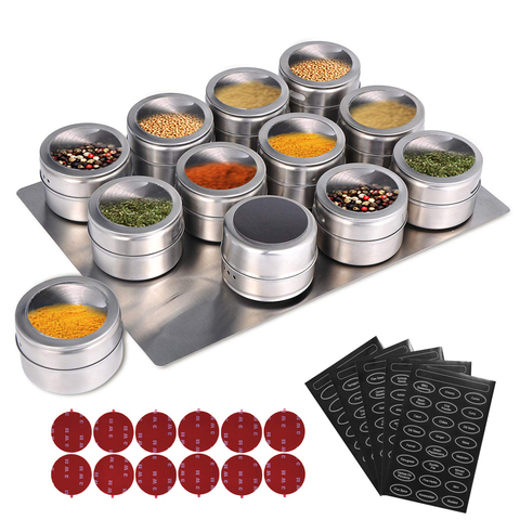 LMETJMA Magnetic Spice Jars With Wall Mounted Rack Stainless Steel Spice Tins Spice Seasoning Containers With Spice Label KC0305 ► Photo 1/6