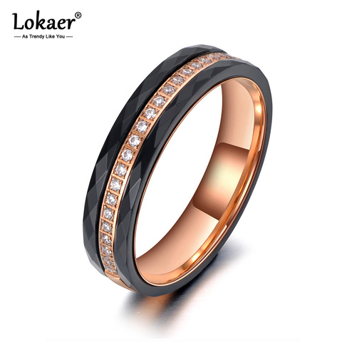 Lokaer Trendy Titanium Stainless Steel Black Cut Ceramic Ring Jewelry Rose Gold Mosaic CZ Crystal Wedding Rings For Women R19141 ► Photo 1/5