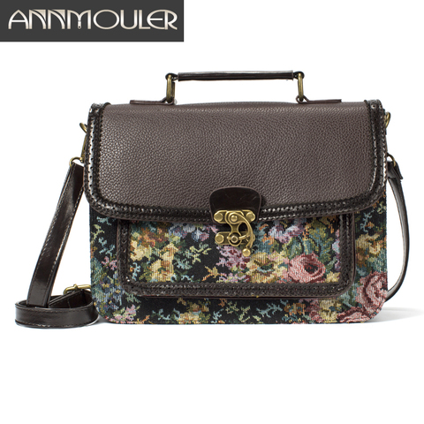 Annmouler Vintage Women Shoulder Bag Designer Handbag Purse Pu Leather Floral Crossbody Bag Fabric Retro Briefcase Bag ► Photo 1/6