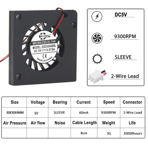 2pcs 30mm 3004 5V 60mA 9300RPM micro cooling fan 30X30X4mm small thin micro projector DC cooling fan replace RFB3004 ► Photo 1/6