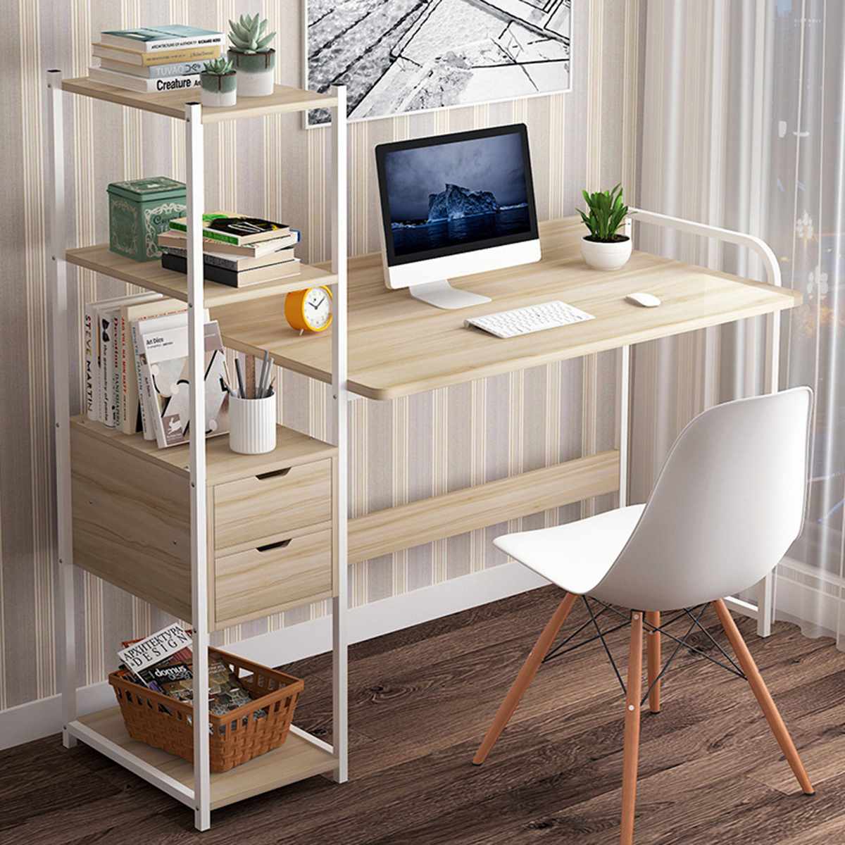 Wood Computer Desk PC Laptop Table Study with Bookshelf Home Office Furniture 