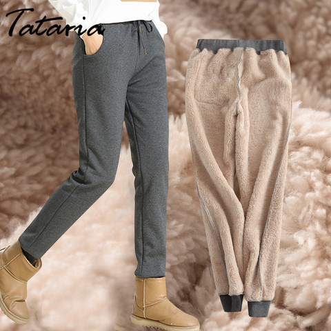 Women warm winter plush thick pants lambskin cashmere trousers