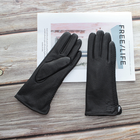 Bickmods New 100% Genuine Leather Women's Gloves Velvet Lining Thin Section Driving Black Deer Skin Gloves Keep Warm In Winter ► Photo 1/6