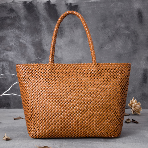 Women Real Leather Handbag Romantic Handmade Woven Totes Female Cowhide Brown Coffee Black Big Holiday Bag Causal Soft Handbags ► Photo 1/6