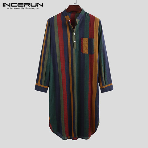 INCERUN Men Striped Sleep Robes Cotton Homewear Stand Collar Long Sleeve 2022 Leisure Nightgown Retro Comfy Men Bathrobe S-5XL 7 ► Photo 1/6