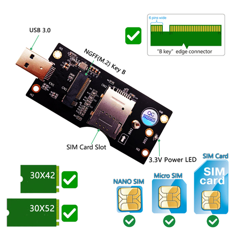 NGFF M.2 Key B to USB 3.0 Adapter Expansion Card with SIM 8pin Card Slot for WWAN/LTE 3G/4G/5G Module Support 3042/3052 M.2 SSD ► Photo 1/6