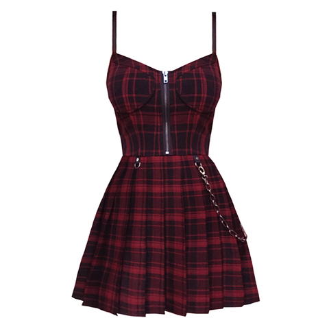 Gothic Girls Plaid Pleated Punk Dress Preppy Style Red Black Spaghetti Strap Sexy Sleeveless Mini Short Dresses Goth Streetwear ► Photo 1/6