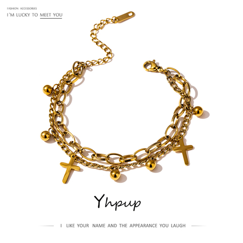 Yhpup 2022 Stainless Steel Cross Layered Bracelet for Women Charm Metal 14 k Plated Trendy Gold Wrist Bracelet Jewelry брелок ► Photo 1/6