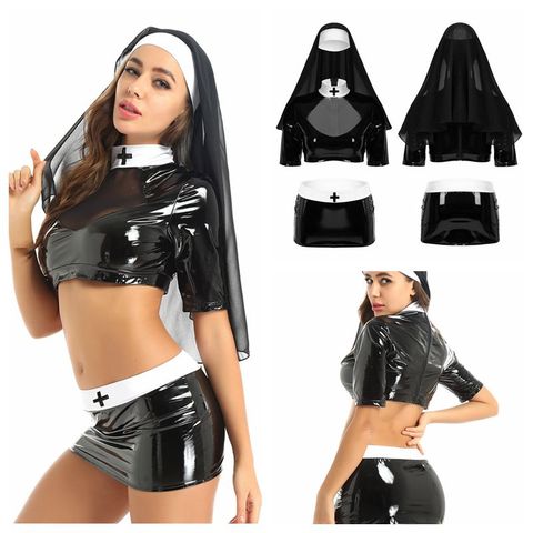 Women Adults Sexy Naughty Nun Cosplay Costumes Halloween Roleplay Outfit Crop Top with Bodycon Skirt and Headpiece for Clubwear ► Photo 1/6