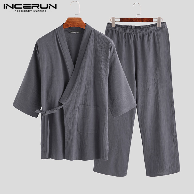 Japanese Mens Kimono Pajamas Sets Male Robe Gown 2Pcs/Set Bathrobe