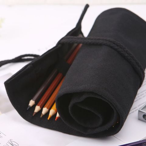 Black Color School Pencil Case Roller 12/24/36/48/72 Holes Canvas Roll Up Makeup Canvas Pen Bag For Girls Boys Stationery  ► Photo 1/5