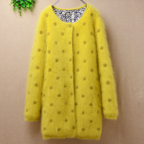 2022 women female thick warm medium long yellow mink cashmere knitted dot long sleeves slim cardigans angora fur jacket coat top ► Photo 1/6