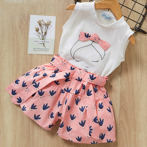 Girls Clothes Set 2022 New Summer Sleeveless T-shirt and Print Bow Shorts for Girl Kids Clothes Children Clothing 3 5 7 Years ► Photo 1/6