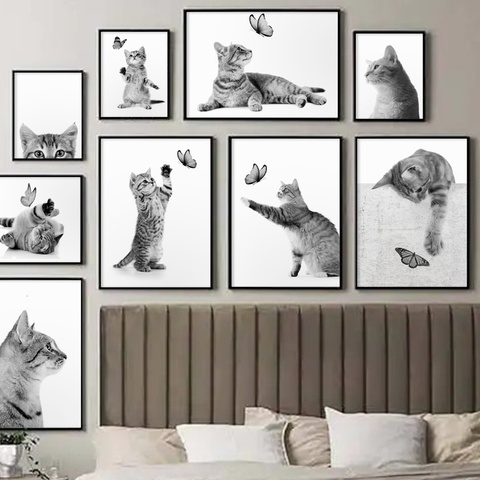 Black White Cat Butterfly Funny Animals Pet Art Canvas Painting Nordic Posters And Prints Wall Picture For Living Room Decor ► Photo 1/6
