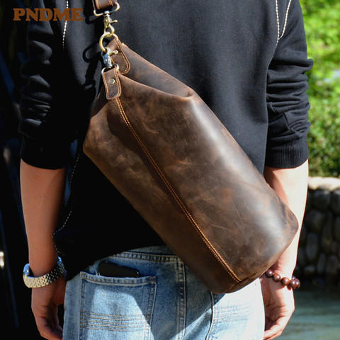 PNDME vintage cylinder design natural genuine leather men's chest bag fashion casual crazy horse cowhide shoulder crossbody bags ► Photo 1/6