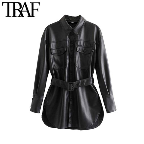 TRAF Women Vintage Stylish Faux Leather With Belted Jacket Coat Fashion Long Sleeve Pockets Side Vents PU Outerwear Chic Tops ► Photo 1/6