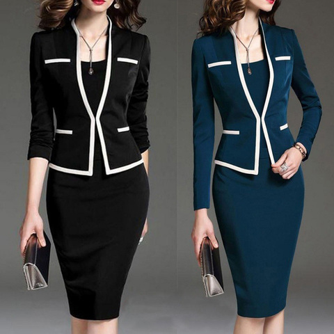 OTEN 2022 Autumn Fake Two piece Stitching 3/4 Sleeves Office Work Dress Women A-Line Knee-Length Casual  Elegant Vestidos Party ► Photo 1/6