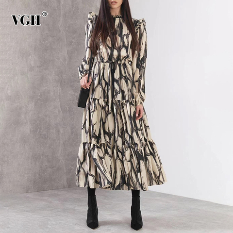 VGH Vintage Printed Dress For Women O Neck Long Sleeve High Waist Hit Color Elegant Dress Female Fashion New Clothing 2022 Tide ► Photo 1/6