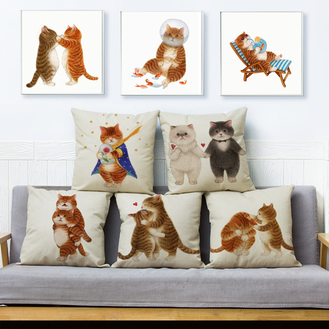 Cute Cartoon Pet Cat Print Cushion Cover 45*45 cm Pillow Covers Linen Pillowcase for Sofa Home Car Decor Animal Pillows Cases ► Photo 1/6