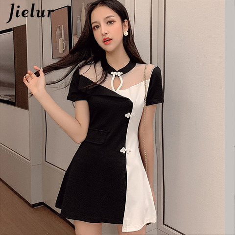 Jielur Korean Summer Dress Women Stand Collar Mesh Patchwork Hit Color Vintage White Dress Two Pieces Set Elegant Women's suits ► Photo 1/6