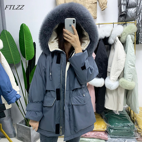 FTLZZ New Real Fur Hooded Winter Women White Duck Down Jacket Snow Thick Parkas Warm Coat Waterproof Down Overcoat ► Photo 1/6