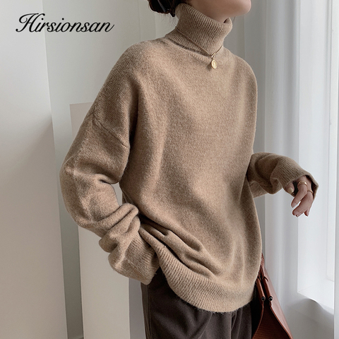 Hirsionsan Turtle Neck Basic Cashmere Sweater Women Elegant Thick Warm Female Knitted Pullovers Loose Casual Knitwear Jumper ► Photo 1/6