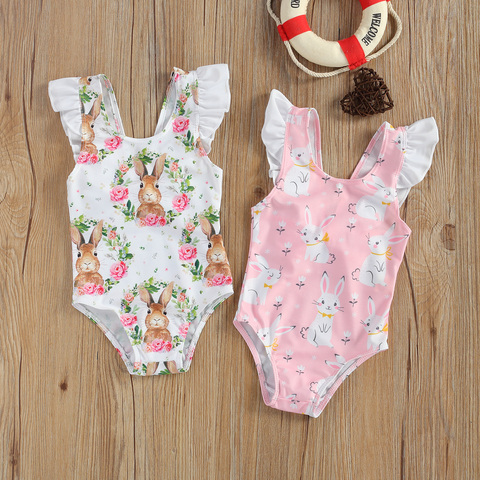 2022 Summer Children Breathable Little Girl One-Piece Swimsuit Cute Rabbit Flower Print Flying Sleeve Swimsuit Vacation Travel ► Photo 1/6