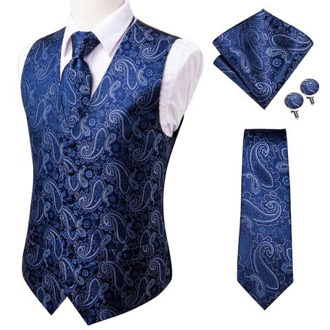 Hi-Tie 20 Color Silk Men's Vests and Tie Business Formal Dresses Slim Vest 4PC Hanky cufflinks for Suit Blue Paisley Waistcoat ► Photo 1/6
