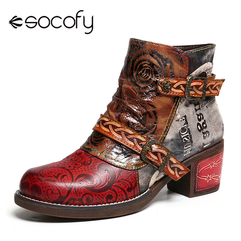 SOCOFY Embossed Boots Rose Genuine Leather Splicing Low Heel Ankle Boots Elegant Ladies Shoes Women Shoes Botas Mujer 2022 ► Photo 1/6