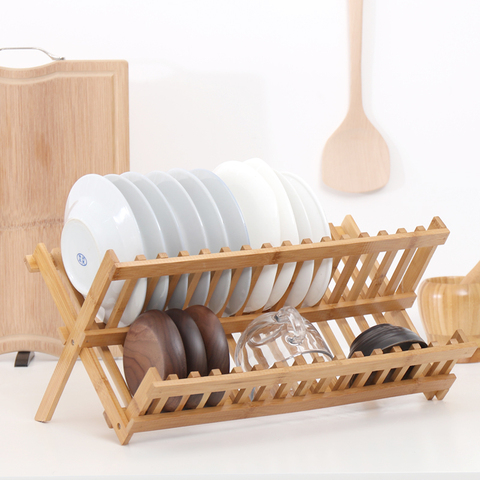 Dish rack drain rack kitchen double-layer dish storage rack drying rack dish bamboo upright ventilation rack Holder Plate Wooden ► Photo 1/5