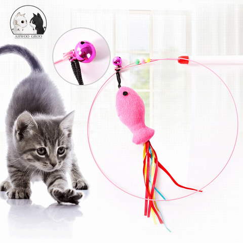 Interactive Cat Toys Feather Bell Wand Teaser Rod Funny Fish Shape Bell Bead Play Pet Wand Toy Steel Wire Feather Cat Teaser Toy ► Photo 1/6