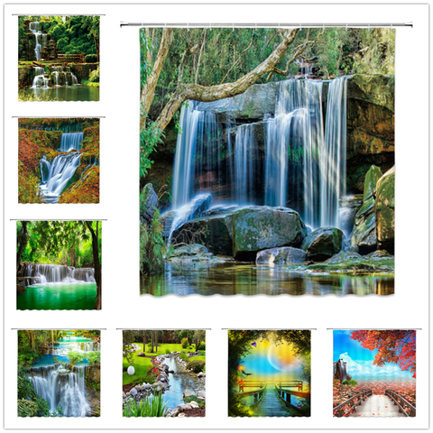 Natural Scenery Shower Curtains Waterfall Green Meadow Flower Spring Landscape Bathroom Decor Waterproof Cloth Curtain Set Cheap ► Photo 1/6