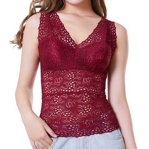 Fashion Women Sexy Ladies Lace Flower With Chest Pad Long V-Neck Sleeveless Solid Color Vest ► Photo 1/6