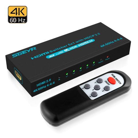 SGEYR HDMI 2.0 Switch 5x1 HDMI Switcher Splitter 5 in 1 Out with IR Remote Control HDMI 2.0 HDCP 2.2 for PC Laptop PS3 PS4 TV ► Photo 1/6