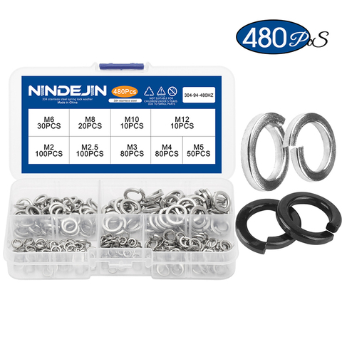 300/480pcs lock washers set stainless steel black carbon steel m2 m2.5 m3 m4 m5 m6 m8 m10 m12 spring lock washer assortment kit ► Photo 1/6