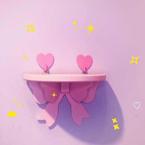 Japanese Kawaii Pink Bow Bedroom Shelves Wall-mounted Cosmetic Wooden Storage Rack Girly Heart Room Decoration Wall Shelf ► Photo 1/6