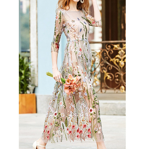 Embroidery Party Dresses Runway Floral Bohemian Flower Embroidered 2 Pieces Vintage Boho Mesh Dresses For Women Vestido ► Photo 1/6