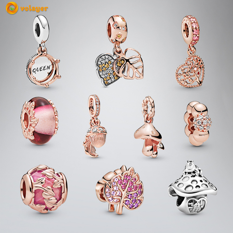 Volayer 925 Sterling Silver Beads Pink Pave Leaf Queen&Regal Crown Charms fit Original Pandora Bracelets Women Jewelry Making ► Photo 1/6