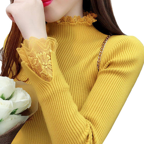 2022 Autumn Winter Women Sweater Lace Turtleneck Sweaters Female Long Sleeve Knitted Pullovers Casual Jumper Femme Pull P315 ► Photo 1/6