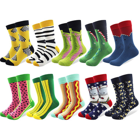 5 Pairs/lot Men's Funny Colorful Combed Cotton Happy Socks Multi Pattern Amimal Stripe Cartoon Dot Novelty Skateboard Art Socks ► Photo 1/6