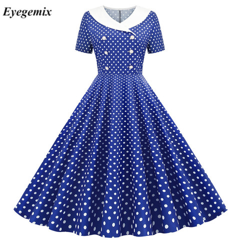 Blue Polka Dot Printed Vintage Dress Women 2022 Summer Retro 50s 60s Swing Pin Up Rockabilly Party Dress Robe Vestidos Plus Size ► Photo 1/6