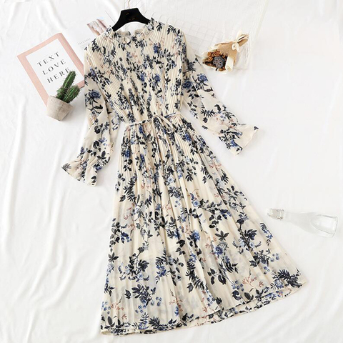 Women Elegant Long Dress 2022 Spring summer Casual Flare Sleeve  Print Office Lady Chiffon Dresses Loose Pleated Dress Vestidos ► Photo 1/6