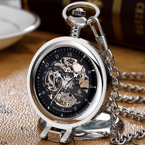 Gorben Stainless Steel Men Fashion Casual Pocket Watch Skeleton dial Silver Hand Wind Mechanical Male Fob Chain Watches ► Photo 1/6