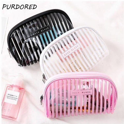 PURDORED 1 pc Transparent Striped Cosmetic Bag Clear Women Makeup Bag Travel Organizer Toiletry Kit kosmetyczka Dropshipping ► Photo 1/6