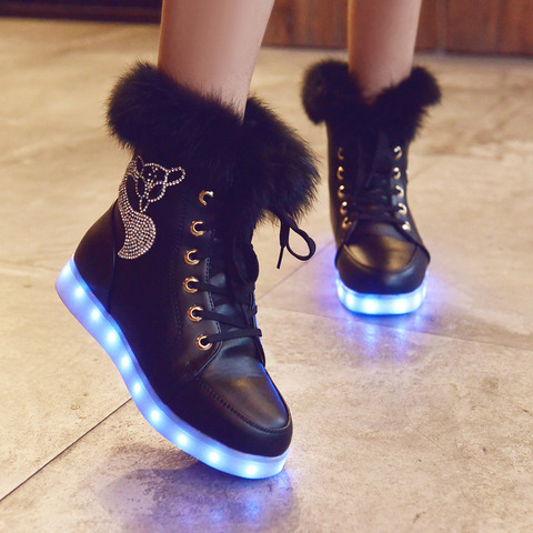 2022 Shoes for Children Winter Women Shoes Boots Platform Boots Kids Shoes Real Rabbit Fur Gifts for Girls LED Glowing Keep Warm ► Photo 1/6