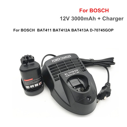 12V 3000mAh Li-ion BAT411 Rechargeable Battery +charger for BOSCH BAT411 BAT412A BAT413A D-70745GOP 2607336013 2607336014 PS20-2 ► Photo 1/5