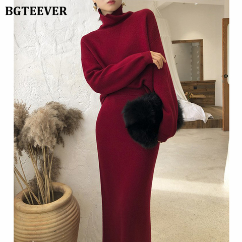 BGTEEVER Autumn Winter Ladies 2 Pieces Sweater Set Women Turtleneck Pullover Jumpers & Elastic Mid-length Pencil Knitted Skirts ► Photo 1/6