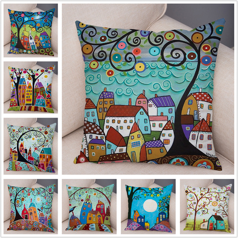 Retro Rural Color Cities Cushion Cover for Sofa Home Car Decor Colorful Cartoon House Pillow Case Tree Short Plush Pillowcase ► Photo 1/6