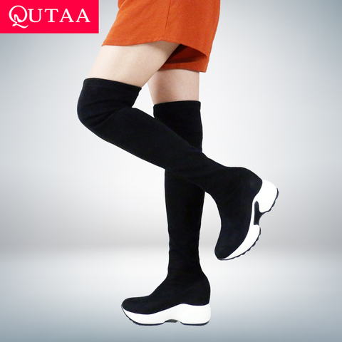 QUTAA 2022 Stretch Fabrics Over The Knee Boots Height Increasing Round Toe Women Shoes Autumn Winter Casual Long Boots Size34-43 ► Photo 1/6